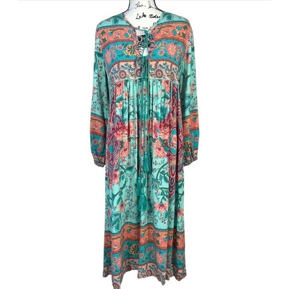 R. Vioimos Boho Maxi Dress M Turquoise Floral Paisley Tassel Tie Neck Hippie - Picture 1 of 7